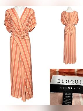 Eloquii Elements Maxi Dress 26/28 Peach Striped multicolor faux Wrap flutter slv